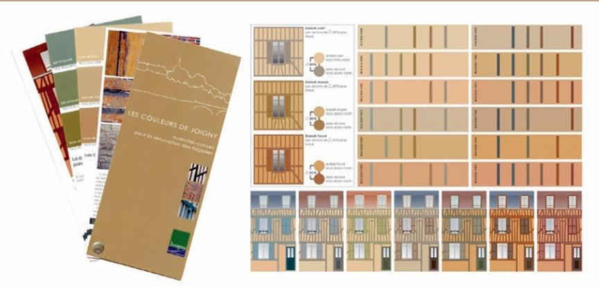 Conception par l’agence a3dc d’un nuancier-conseil et d’outils pédagogiques  pour valoriser le patrimoine à pans de bois de la ville de Joigny.   Une approche sensible et pratique qui guide les associations entre teintes  d’enduit et couleurs de structure, en révélant l’identité chromatique unique  du bâti de la ville. Atelier 3D couleur