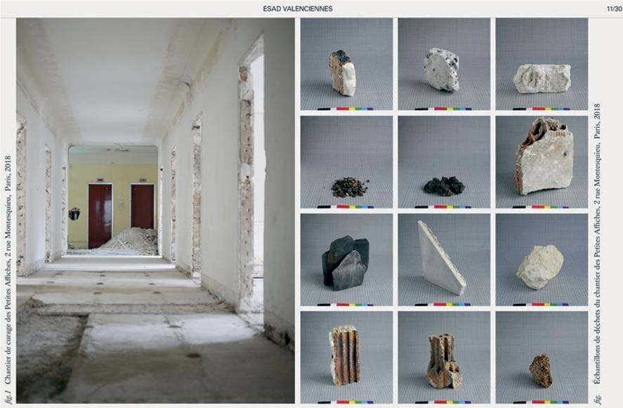 Échantillonnage de déchets du bâti extraits des bennes d’un chantier   de réhabilitation rue Montesquieu, projet de recherche doctorale (EnsadLab),  Anna Saint-Pierre, Paris, 2018